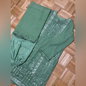 olive Green Embroidered salwar kamez with matching dupatta and salwar pants